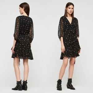 All Saints Jade Aster Ditsy Floral Ruffled Wrap Black Mini Dress Size XS